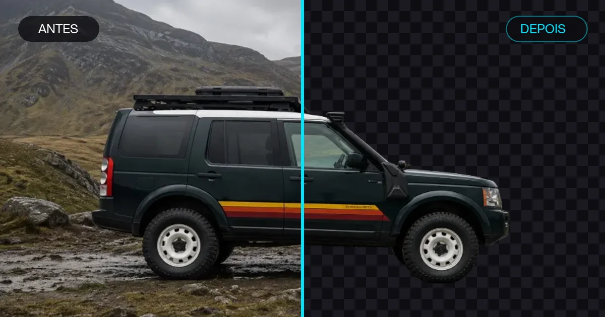 Antes e depois: foto de um carro na montanha e o mesmo carro recortado em PNG com fundo transparente