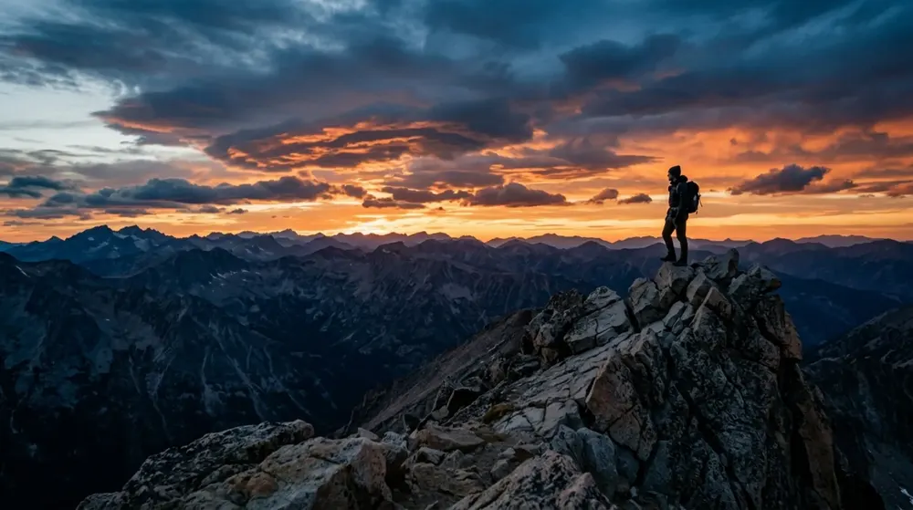 Pessoa no topo de uma montanha ao pôr do sol, quadro extraído de um vídeo