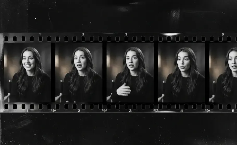 Tira de filme com cinco quadros de uma mulher falando para a câmera, um deles destacado